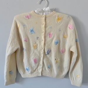 Vintage Yellow Wool Butterfly Embroidery Cardigan Pastel Pearl Button Small Read